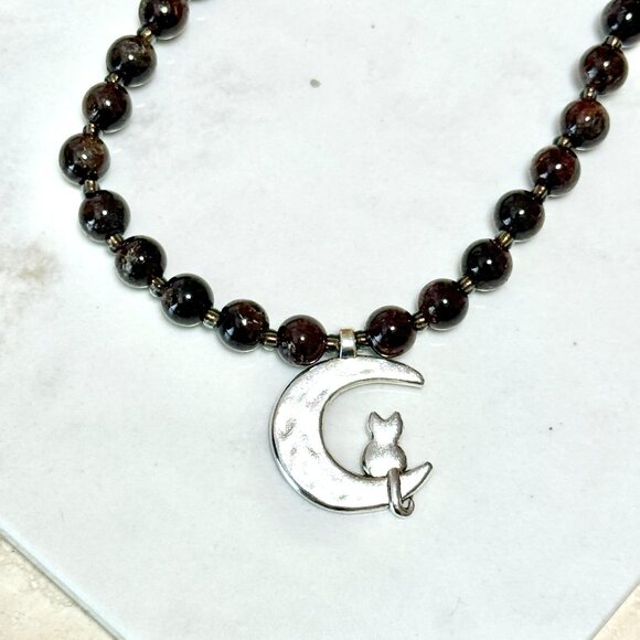 Deep Wine Red Garnet Short Necklace, Genuine Gemstone & Silver Cat on the Moon - Picture 5 of 15